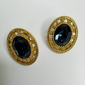 1928 Oval Earrings Teal Blue and Gold Tone Victorian Renaissance Revival